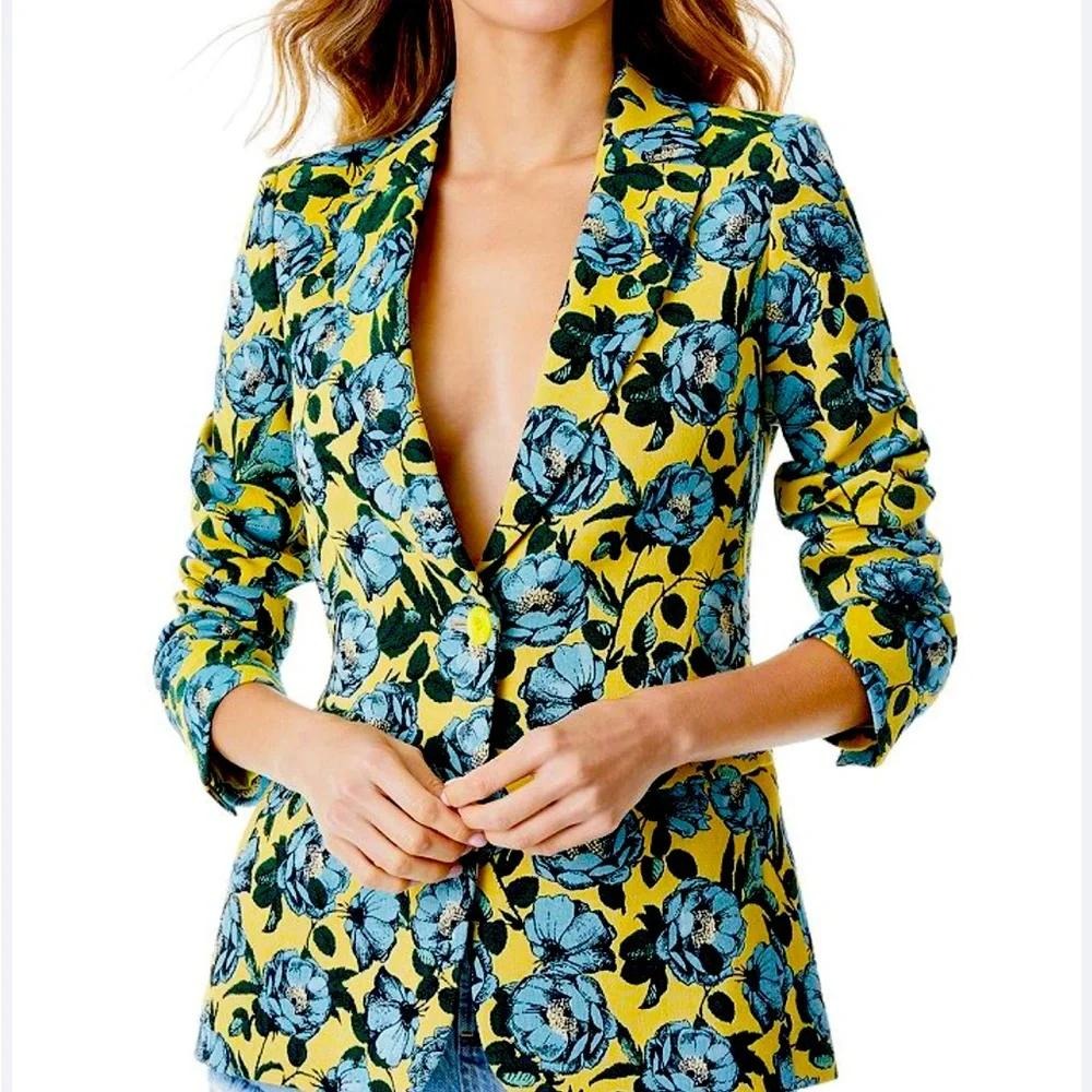 Alice + Olivia Macey Floral Statement Blazer Boho Jacquard Yellow Blue Size 0 Xs